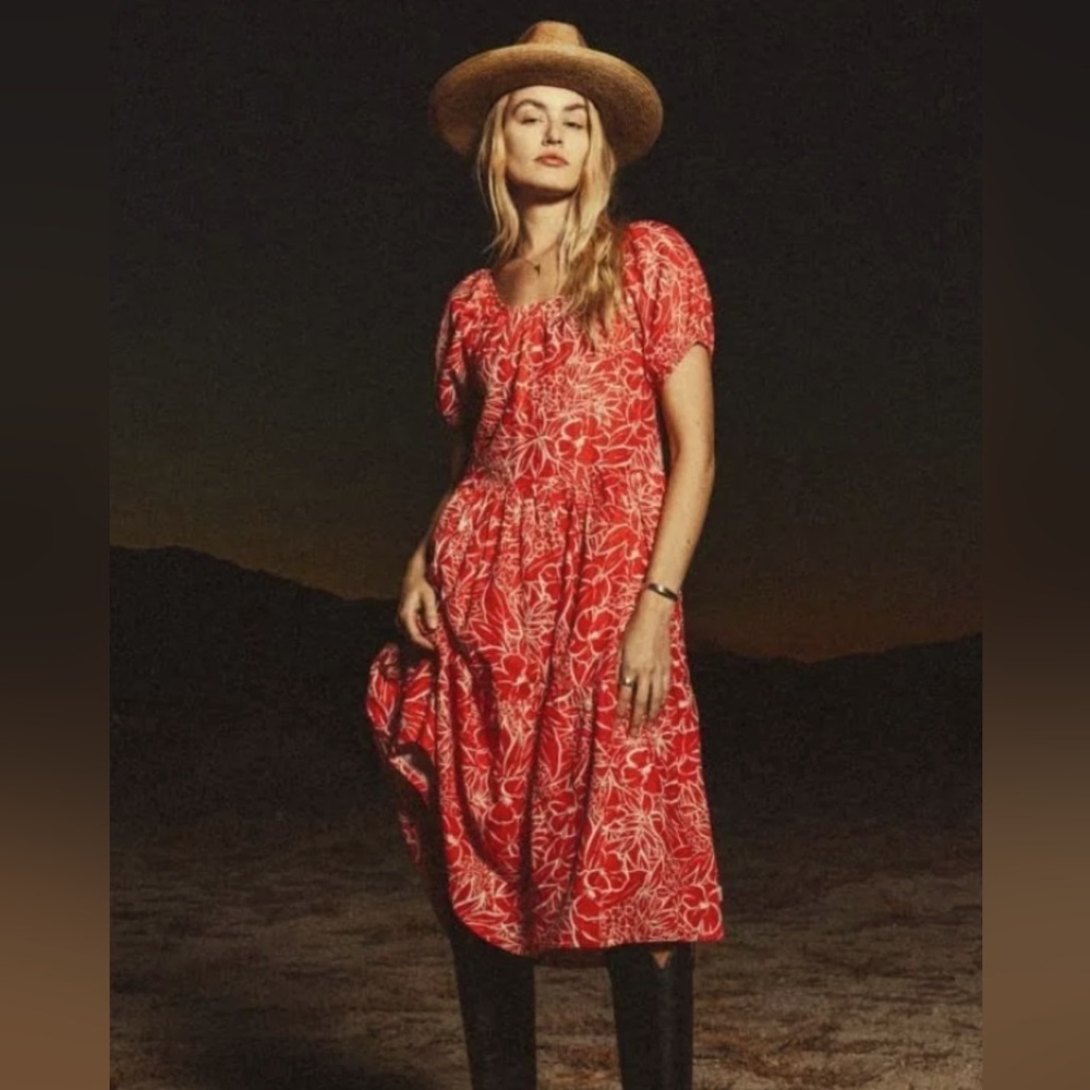 Brixton Indo Linen Tiered Midi Dress Floral Sz S In Aloha Red Puff sleeve Pocket